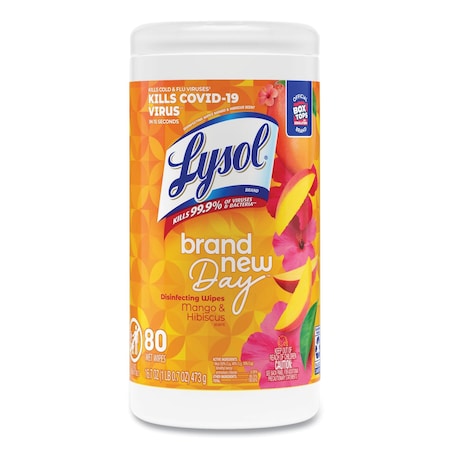 Lysol Disinfecting Wipes, 1-Ply, 7 x 7.25, Mango and Hibiscus, White, 80 Wipes/Canister 19200-97181